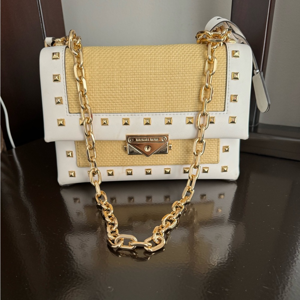 Michael Kors Cece MediumStraw and Studded Faux Leather Shoulder Bag